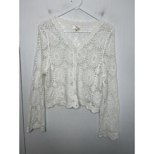 Dizzy Lizzy Sweater Womens Medium White Crochet Lace Cottagecore Sheer Open Knit